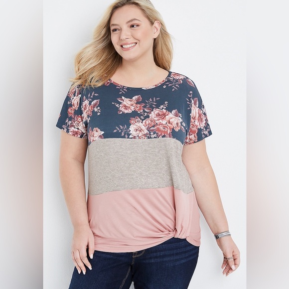 24/7 Flawless Floral Striped Knot Front Tee size 1X - Picture 1 of 5